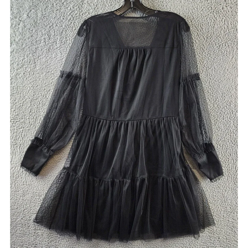VINCE CAMUTO Mesh Ruffled Dress Women's S Black V-Neck Long Sleeves Pullover - Picture 5 of 13